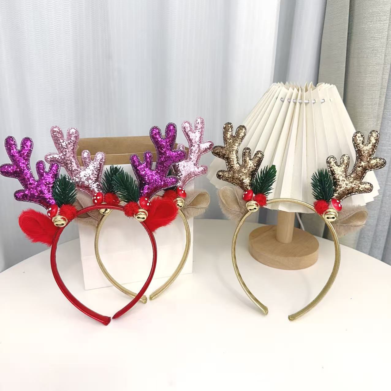 Reindeer Antlers Headband - ที่คาดผมเขากวางเรนเดียร์ประดับกลิตเตอร์ยอดนิยม, ที่คาดผมคริสต์มาสสีทองแดงแดง, เครื่องประดับสำหรับงานปาร์ตี้เด็กและผู้ใหญ่
