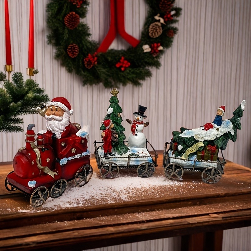 Nutcracker Figurine - ชุดรถไฟเรซิ่นคริสต์มาส 3 ชิ้น รถไฟซานตาคลอส ตุ๊กตาหิมะ ต้นคริสต์มาส