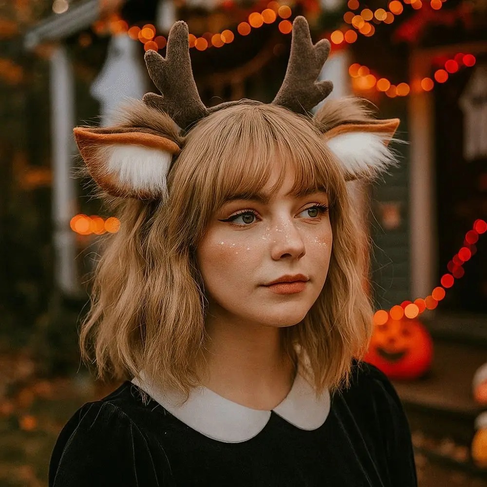 Reindeer Antlers Headband - ที่คาดผมหูกวางเรนเดียร์ขนปุย น่ารัก สำหรับคอสเพลย์คริสต์มาส ของตกแต่งศีรษะสำหรับงานปาร์ตี้คริสต์มาส 1 ชิ้น
