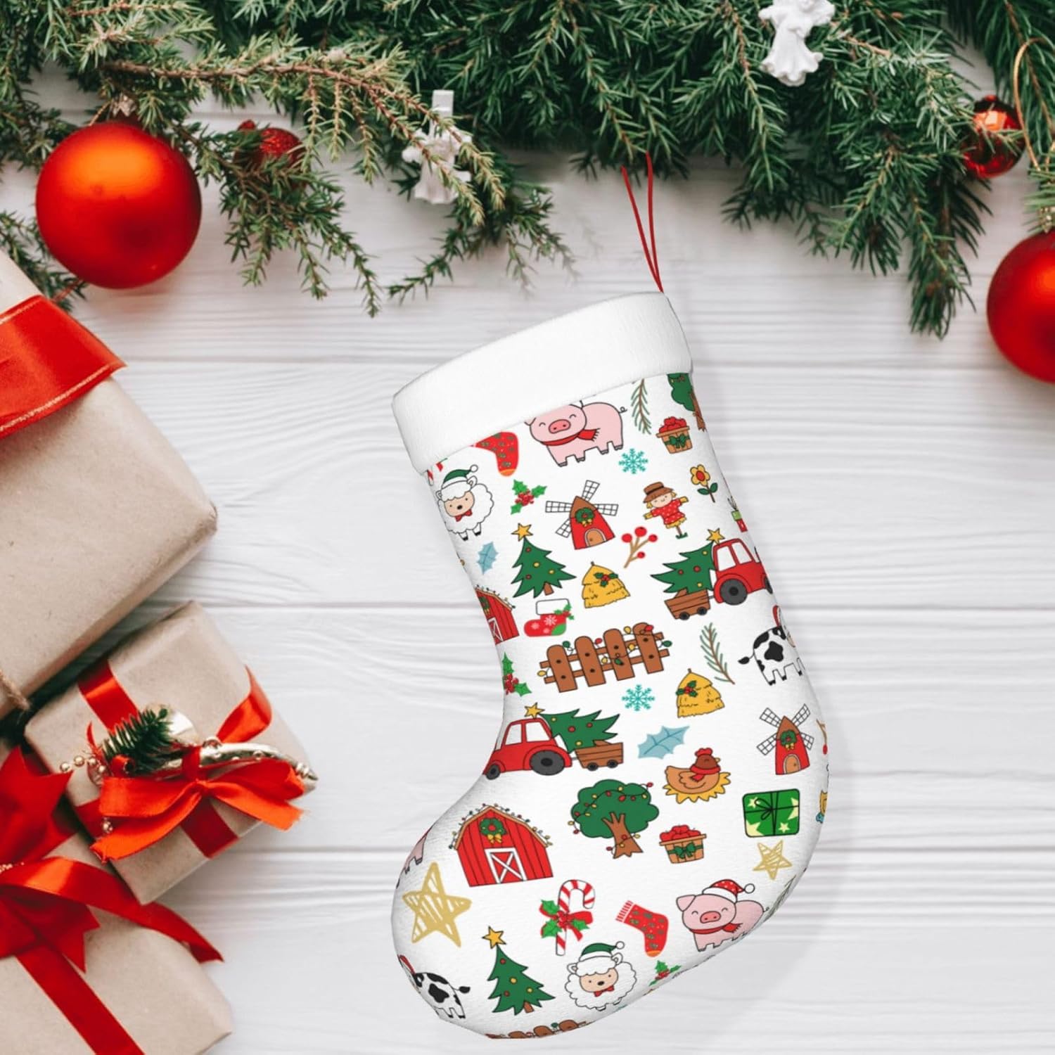 Christmas Stocking Hanging - ถุงเท้าคริสต์มาสลายสัตว์เลี้ยงในฟาร์ม ของขวัญคริสต์มาส ถุงเท้าคริสต์มาสขนาดใหญ่แบบส่วนตัว ถุงเท้าแขวนสำหรับตกแต่งเตาผิงสำหรับงานปาร์ตี้วันหยุดของครอบครัว