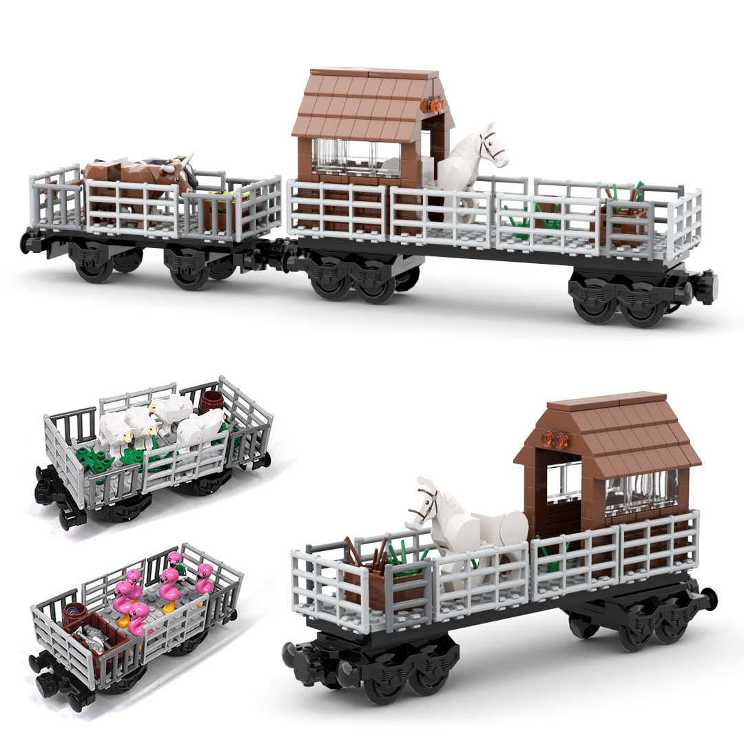 Lego Set Creator - ชุดตัวต่อรถไฟขนส่งสัตว์ MOC ชุดโครงรถรางแบบโมดูลาร์ แกะ ม้า วัว